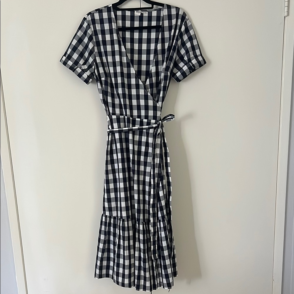 GAP navy blue and white check midi wrap dress